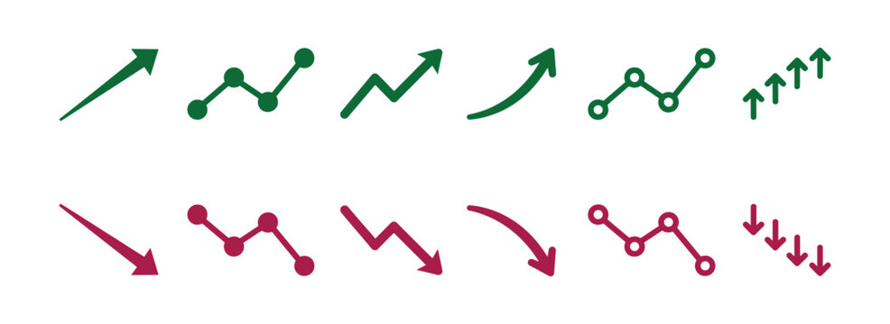 Market Trend Icons: A collection of hand-drawn icons depicting market trends, with upward-trending arrows and line graphs in green and downward-trending arrows and line graphs in red.