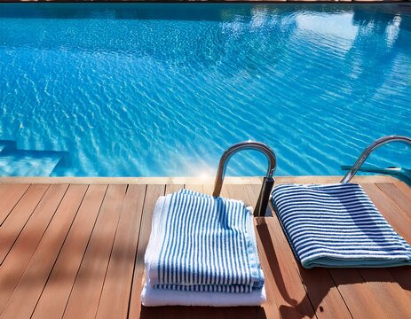 vivid blue swimming pool edge adjacent to striped lounge chairs and folded towels concept for luxury travel marketing resort lifestyle content and summer relaxation banners