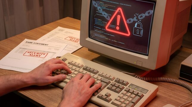 A hand typing on a retro keyboard with a computer monitor displaying a security warning symbol and a locked padlock, beside documents.