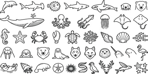 Sea life and ocean animals icon set with whale shark octopus turtle thin line vector illustrations © Utpal