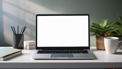 Fototapeta premium mockup of a laptop with a blank white screen placed on a home office desk suitable for displaying websites or designs