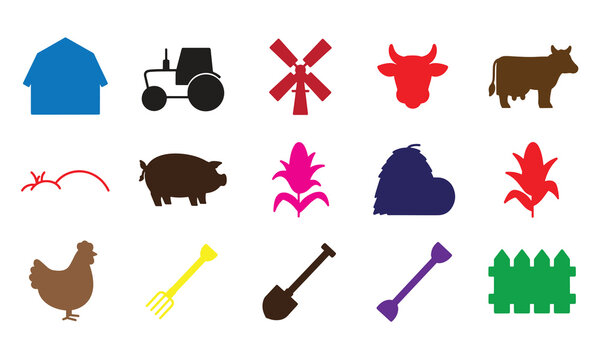 Colorful agricultural icons set featuring farm animals equipment and crops