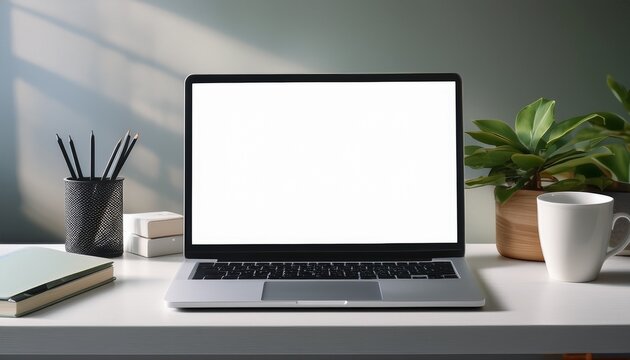 mockup of a laptop with a blank white screen placed on a home office desk suitable for displaying websites or designs