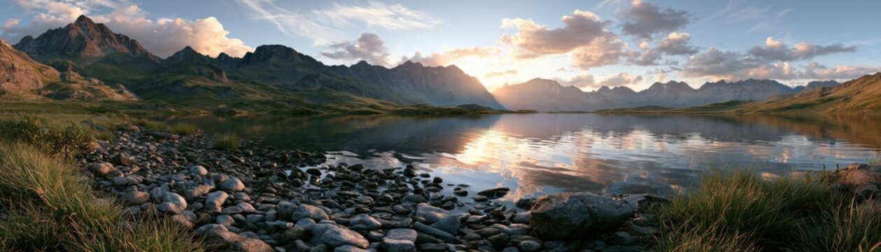 Panoramic view of alpine lake with pebbles and grass at sunset