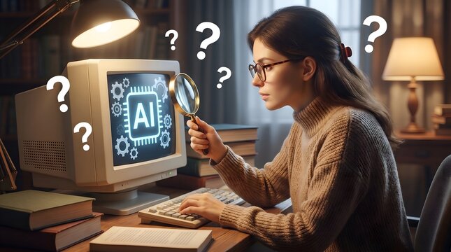 A young woman wearing glasses peers intently at a vintage computer screen displaying the letters AI and surrounded by question marks. She holds a magnifying glass to the screen.