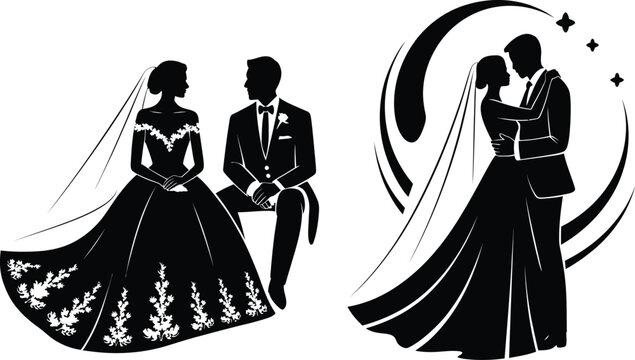 Black silhouette wedding couple graphics set with silhouette marriage ceremony invitation celebration engagement illustration romantic partnership monochrome minimalist celebrating