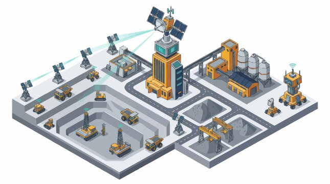 Isometric Factory Complex with Industrial Machinery and Vehicles.