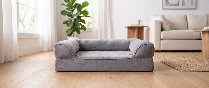 Modern gray plush bolster dog bed sits on light oak wood flooring in bright minimalist living room with beige sofa and houseplant