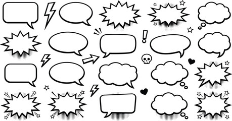 Comic speech bubbles outline set with blank talk clouds retro explosion halftone shapes line vector illustrations. © Utpal