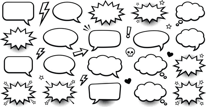 Comic speech bubbles outline set with blank talk clouds retro explosion halftone shapes line vector illustrations.