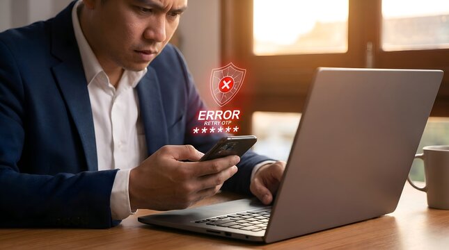 A frustrated businessman looking at his smartphone with an error message displayed. He is sitting at a desk with a laptop and coffee mug, indicating a work-related problem