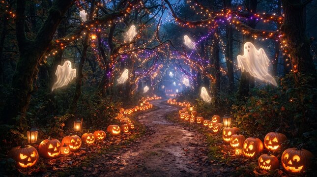 Halloween A spooky Halloween path lined with glowing jack-o'-lanterns and adorned with ghost decorations and fairy lights, creating a magical and eerie atmosphere