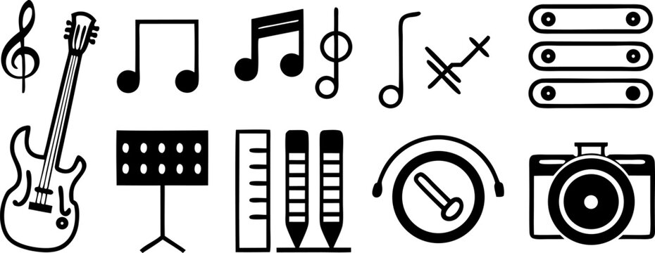 Create a set of bold, dual-tone music and audio-related icons, designed with accessibility in mind. Each icon should include braille symbols above it. The icons should represent musical instruments (g