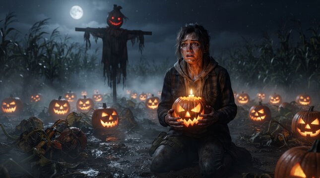 Halloween A woman is holding a lit jack-o-lantern in a spooky pumpkin patch at night with a scarecrow in the background