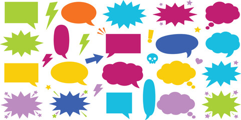 Colorful comic speech bubbles set with blank talk clouds explosion shapes lightning bolts and exclamation marks. © Utpal