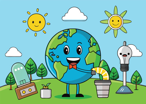 Eco Concept with Green Energy Vector Illustration Featuring Renewable Power Solar Panels Wind Turbines Sustainable Environment Clean Electricity and Eco Friendly Technology