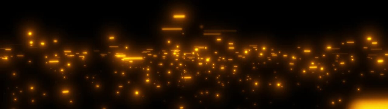 Panoramic wide golden firework sparks rushing in a horizontal vortex tornado with bright thick burning flame particles for long composite video editors