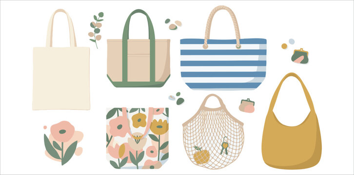 Modern Tote Bags and Eco Friendly Shopping Accessories Vector Illustration Set
