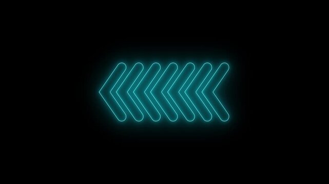 Bright neon blue glowing arrow sign pointing to the left made of small dots on a dark black background for digital interface design and modern technology navigation web graphics and ui elements