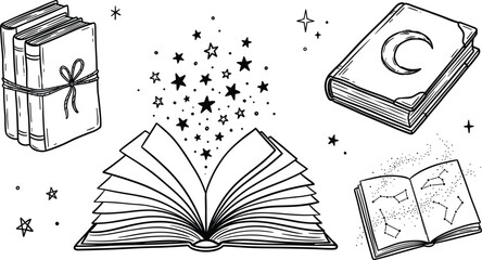 Magic book vector illustration set with open pages sparkling stars moon and mystical astrology constellations. © Utpal