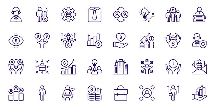 A collection of Founder icons set with editable stroke, including risk taker, leader, strategy, entrepreneur, visionary, innovator, acquisition, retirement, pioneer. Vector illustration.
