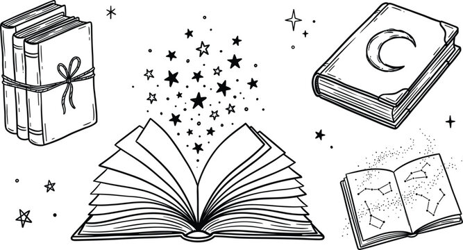 Magic book vector illustration set with open pages sparkling stars moon and mystical astrology constellations.