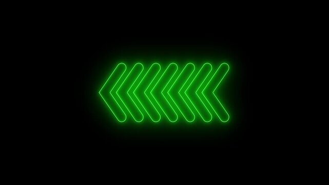 Bright neon green glowing arrow sign pointing left made of dotted lines on a dark black background representing direction and navigation