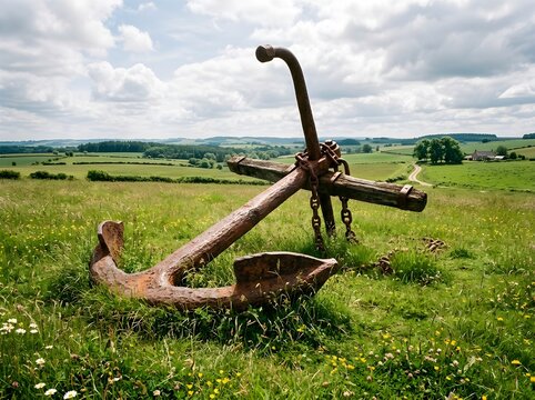 A anchor in a field of flowers and grass with a cloudy sky in the background and a wooden anchor in the fore