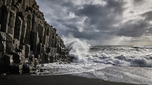 Basalt Columns and Crashing Waves: Dramatic waves surge against the striking hexagonal basalt columns on a rugged coastline, under a brooding, stormy sky.