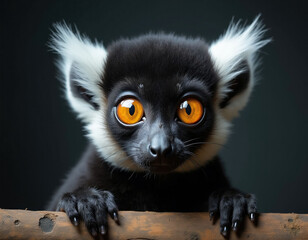 Fototapeta premium Black and white ruffed lemur peeks over branch. Intense orange eyes stare forward. Fuzzy animal has large pointy ears and dark fur. Innocent creature looks curious. Wildlife portrait.