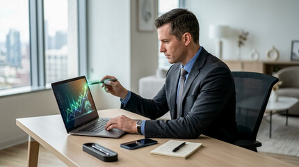 Fototapeta premium Professional man analyzing stock market data on laptop in modern office