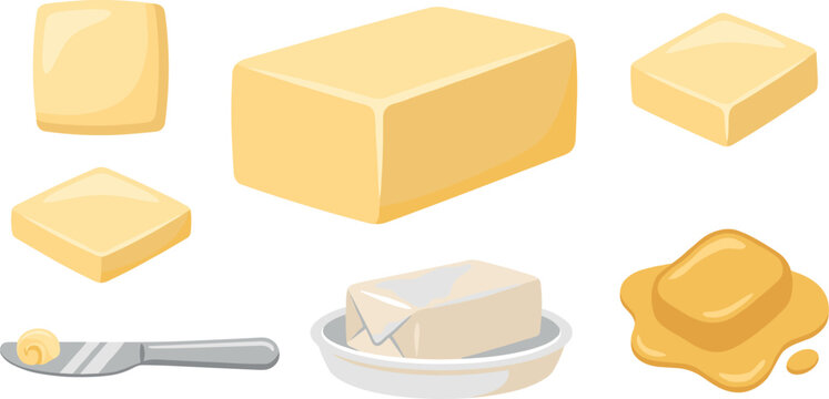 Butter vector illustration set with fresh dairy stick block sliced pieces melted puddle wrapped package dish and butter knife isolated on white background