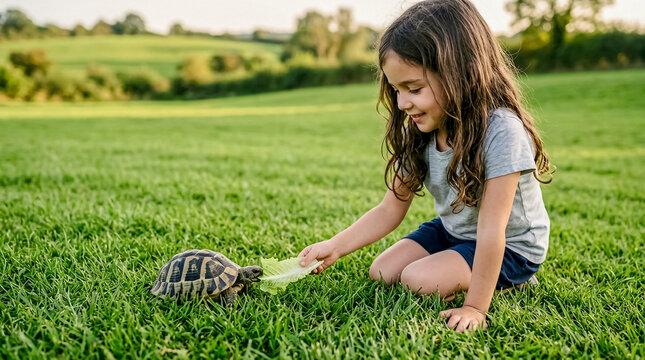 Young girl feeding small tortoise in green field