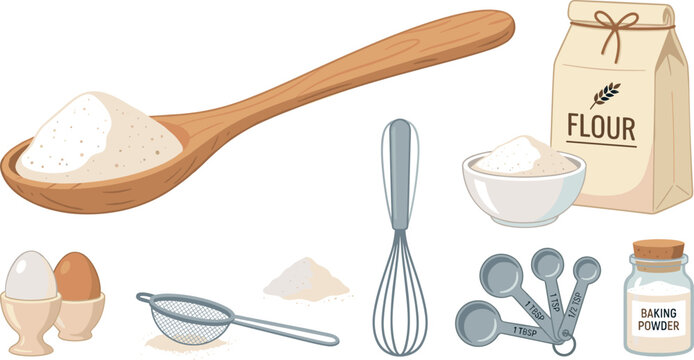 PrintBaking ingredients vector illustration set with flour paper bag wooden spoon egg whisk metal sifter measuring spoons and baking powder jar isolated on white background