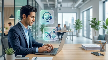 Fototapeta premium Professional using laptop with travel and communication icons overlay