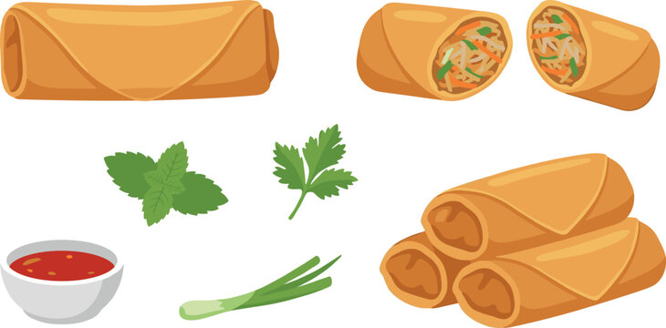 Fried spring rolls vector illustration set with crispy egg rolls halved pieces sweet chili sauce dipping bowl mint parsley and scallion isolated on white background
