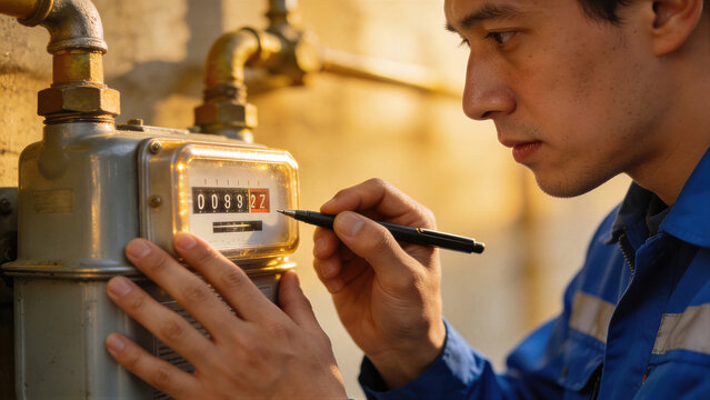 Male technician reading utility gas meter to record data for payment. Worker inspecting industrial equipment for maintenance and verification. Concept of household energy consumption monitoring.