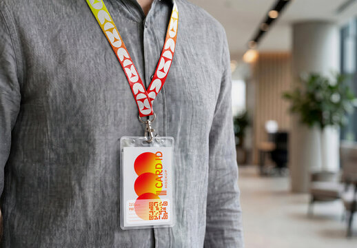 Man Wearing Id Card Lanyard Mockup