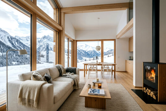 Interior of a living room in a chalet with mountain views