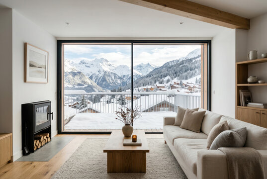 Interior of a living room in a chalet with mountain views