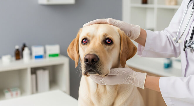 Gentle Labrador Retriever with Red Eyes Receiving Reassuring Care at Veterinary Clinic for Eye Condition