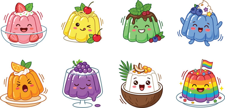 Cute Cartoon Jelly Desserts with Fruit Toppings Including Strawberry, Cherry, Mint, Coconut, and Rainbow for Sweet Food Design