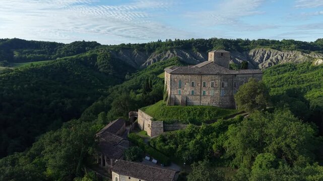 Drone footage of the majestic hilltop fortress Castello di Bianello in Reggio Emilia
