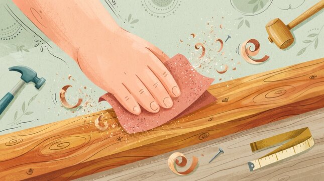 Hand sandpaper smoothing wooden surface on green decorative background  