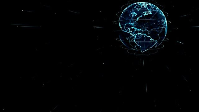 Digital globe rotating in dark space with glowing blue network lines and data points representing global connectivity and modern communication technology in a futuristic style.