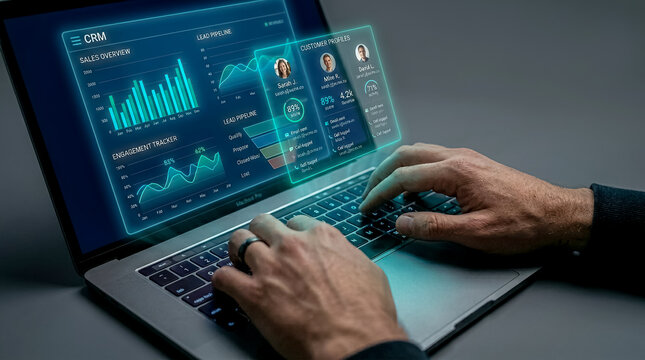 Professional using CRM analytics dashboard on laptop