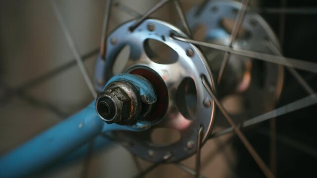 Extreme close up vintage blue bicycle wheel spinning quickly, showing chrome hub and metal spokes in motion with shallow depth of field. Bicycle wheel hub and spokes spinning