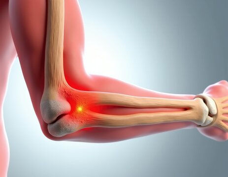 Elbow anatomy with inflamed common extensor tendon. Shows lateral epicondyle pain, a lesion highlighted in red. Medical view of tennis elbow injury.