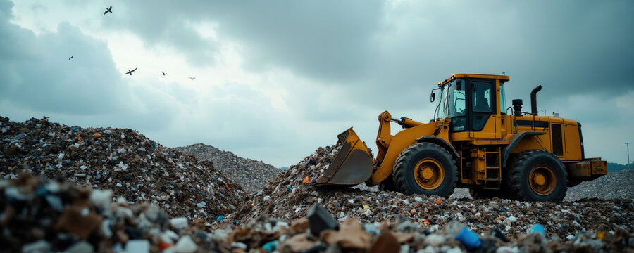 Heavy yellow bulldozer moves piles of garbage at landfill site. Birds fly in cloudy sky over waste dump. Environmental pollution, rubbish management industrial scene.