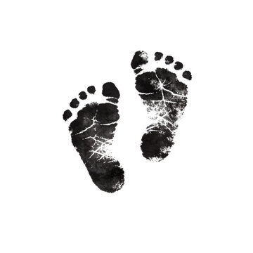 Black ink baby footprints imprint isolated on a clean white background for design